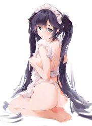 Rule 34 | 1girl, absurdres, apron, ass, barefoot, black hair, breast lift, breasts, commentary, dress, feet, frilled dress, frills, from behind, full body, genshin impact, green eyes, highres, long hair, looking at viewer, looking back, maid, maomoking, medium breasts, mona (genshin impact), nearly naked apron, panties, seiza, simple background, sitting, solo, symbol-only commentary, thong, twintails, underwear, very long hair, white apron, white background, white panties