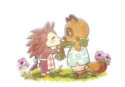 Rule 34 | 1boy, 1girl, adjusting another&#039;s clothes, adjusting clothes, animal crossing, animal nose, apron, bare shoulders, barefoot, blue eyes, blush, blush stickers, body fur, brown fur, brown hair, brown shorts, day, flat chest, flower, freckles, from side, furry, furry female, furry male, grass, green scarf, green shirt, half-closed eyes, hand up, leaf print, long hair, looking at another, nintendo, outdoors, pink flower, plaid, plaid apron, print shirt, profile, red apron, sable able (animal crossing), scarf, shijima (4jima), shirt, short sleeves, shorts, simple background, snout, spiked hair, standing, tom nook (animal crossing), two-tone fur, white background, white fur