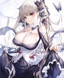Rule 34 | 1girl, :o, azur lane, bare shoulders, between breasts, black dress, blush, breasts, bug, butterfly, cleavage, dress, earrings, flight deck, formidable (azur lane), frilled dress, frills, grey hair, hair ribbon, insect, jewelry, large breasts, long hair, long sleeves, looking at viewer, narae, red eyes, ribbon, rigging, skirt hold, solo, twintails, two-tone dress, two-tone ribbon, very long hair