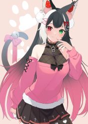 Rule 34 | 1girl, animal ears, bell, black hair, closed mouth, colored tips, commission, crescent, crescent hair ornament, green eyes, hair ornament, hairclip, highres, indie virtual youtuber, long hair, multicolored hair, nail polish, paw print, pink eyes, pink hair, pom pom (clothes), pom pom hair ornament, qiu yue (vtuber), skeb commission, tail, tail ornament, virtual youtuber, white hair, x hair ornament, yudetama