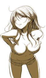 Rule 34 | 1girl, ahoge, akino sora, bad id, bad pixiv id, breasts squeezed together, breasts, closed eyes, greyscale, large breasts, leaning forward, long hair, monochrome, no nose, sepia, sketch, solo, standing, topless