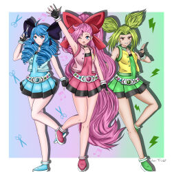 Rule 34 | 3girls, absurdres, bandaid, bandaid on face, belt, blue dress, blue eyes, blue footwear, blue hair, blue vest, border, brown eyes, collar, cosplay, dress, drill hair, finger gun, frosver, green dress, green footwear, green hair, green vest, gwen (league of legends), hair ribbon, highres, holding, holding scissors, idol clothes, league of legends, lightning bolt symbol, long hair, multiple girls, musical note, one eye closed, open clothes, open vest, parted bangs, pink dress, pink footwear, pink hair, pink vest, pleated dress, powerpuff girls, ribbon, scissors, seraphine (league of legends), short dress, standing, standing on one leg, twin drills, twintails, vest, waving, white belt, white border, zeri (league of legends)