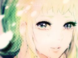 1girl blonde_hair blue_eyes blurry crying crying_with_eyes_open female_focus gumi happy_birthday lips portrait solo souno_kazuki tears vocaloid