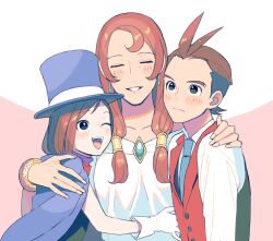 Rule 34 | 1boy, 2girls, absurdres, ace attorney, antenna hair, apollo justice, apollo justice: ace attorney, blue cape, blue eyes, blue headwear, blue necktie, blush, brother and sister, brown hair, cape, closed eyes, collared shirt, dress, earrings, hat, highres, hug, jewelry, lamiroir (ace attorney), long hair, looking at another, mother and daughter, mother and son, multiple girls, necktie, one eye closed, open mouth, ouse (otussger), red vest, shirt, short hair, siblings, smile, top hat, trucy wright, vest, white shirt