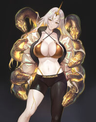 Rule 34 | 1girl, alternate costume, asymmetrical legwear, black pants, blonde hair, breasts, casual, cleavage, contemporary, criss-cross halter, female focus, fire emblem, fire emblem heroes, grey hair, gullveig (fire emblem), halterneck, horns, large breasts, long hair, looking at viewer, meziosaur, multicolored hair, navel, nintendo, pale skin, pants, single horn, snake, snake hair, solo, stomach, thighs, thong, two-tone hair, whale tail (clothing), yellow eyes