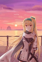 Rule 34 | 1girl, arms behind back, artist name, black bodysuit, blonde hair, blush, bodysuit, bow, closed mouth, cloud, cloudy sky, feet out of frame, gamryous, girls&#039; frontline, green bow, green hairband, hair bow, hairband, highres, jacket, long hair, looking at viewer, ponytail, red eyes, russian flag, scarf, sky, smile, solo, standing, sun, sv-98 (girls&#039; frontline), sv-98 (mod3) (girls&#039; frontline), white jacket, white scarf