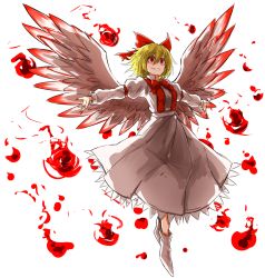 Rule 34 | 1girl, angel wings, bad id, bad pixiv id, blonde hair, bow, danmaku, full body, gengetsu (touhou), hair bow, highres, kankan33333, nail polish, outstretched arms, red eyes, red nails, solo, touhou, touhou (pc-98), wings
