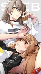 Rule 34 | 2girls, blush, brown hair, choker, coffee cup, commission, cup, disposable cup, girls&#039; frontline, headphones, headphones around neck, highres, holding, holding cup, lap pillow, long hair, looking at viewer, multiple girls, nakiusagi, official art, orange eyes, orange nails, parted lips, skeb commission, smile, ump45 (corona sunset) (girls&#039; frontline), ump45 (girls&#039; frontline), ump9 (bee&#039;s knees) (girls&#039; frontline), ump9 (girls&#039; frontline), yellow eyes