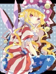 Rule 34 | 1girl, american flag dress, american flag legwear, between legs, blonde hair, clownpiece, commentary, dress, fairy wings, foot out of frame, frilled dress, frills, from behind, hand between legs, hat, highres, hunched over, jester cap, long hair, looking at viewer, looking back, nail polish, neck ruff, nikorashi-ka, pantyhose, pointy ears, polka dot headwear, puffy short sleeves, puffy sleeves, purple eyes, purple nails, short sleeves, sitting, solo, sparkling eyes, star (symbol), starry background, touhou, w, wariza, wings, wrist cuffs