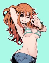 Rule 34 | 1girl, arm behind head, armpits, ass, bad id, bad tumblr id, bikini, bikini top only, blue background, bracelet, breasts, brown eyes, cleavage, denim, jeans, jewelry, licking lips, log pose, looking at viewer, nami (one piece), navel, ok sign, one eye closed, one piece, orange hair, pants, parororo, sideboob, simple background, solo, stomach, swimsuit, tongue, tongue out, underboob, upper body, wink
