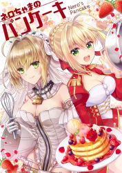 Rule 34 | 10s, 2girls, :d, ahoge, bad id, bad pixiv id, bare shoulders, blonde hair, blueberry, blush, braid, breasts, chain, character name, cleavage, closed mouth, commentary request, detached sleeves, dress, epaulettes, fate/extra, fate/extra ccc, fate/grand order, fate (series), flower, food, fruit, full-length zipper, gloves, green eyes, hair between eyes, hair bun, hair intakes, holding, juliet sleeves, large breasts, leotard, lock, long sleeves, looking at viewer, mamekosora, multiple girls, nero claudius (bride) (fate), nero claudius (fate), nero claudius (fate) (all), nero claudius (fate/extra), open mouth, padlock, pancake, pancake stack, puffy long sleeves, puffy sleeves, red dress, sidelocks, single hair bun, smile, strapless, strapless leotard, strawberry, upper body, veil, whisk, white flower, white gloves, white legwear, zipper