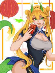 Rule 34 | 0rcazone, 1girl, blonde hair, breasts, chinese new year, commentary, cowboy shot, dokibird (vtuber), double bun, dragon girl, dragon horns, dragon tail, dress, english commentary, fang, green eyes, hair between eyes, hair bun, heart, heart in mouth, highres, horns, indie virtual youtuber, looking at viewer, medium breasts, open mouth, pointy ears, short sleeves, skin fang, slit pupils, solo, tail, twintails, twitter username, virtual youtuber