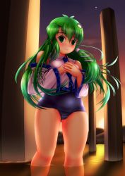 Rule 34 | 1girl, akizuki (akizuki71), animal hair ornament, blue neckwear, blue one-piece swimsuit, blush, breasts, cloud, detached sleeves, frog hair ornament, green eyes, green hair, hair ornament, hands on own chest, highres, hill, kochiya sanae, long hair, long sleeves, looking at viewer, medium breasts, navel, necktie, ocean, one-piece swimsuit, partially submerged, ponytail, school uniform, shirt, side ponytail, sky, sleeveless, sleeveless shirt, smile, snake hair ornament, sparkle, standing, star (sky), sun, sunset, swimsuit, touhou, tree, wading, water, white shirt