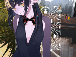 Rule 34 | 1girl, bare shoulders, black dress, black hair, bottle, breasts, closed mouth, colored skin, desk, detached collar, dress, floral print, furry, furry female, highres, idkuroi, indoors, long hair, looking at viewer, noire kooshe, original, perfume bottle, plant, plunging neckline, print collar, purple fur, purple skin, sleeveless, sleeveless dress, slit pupils, small breasts, smile, solo, upper body, yellow eyes