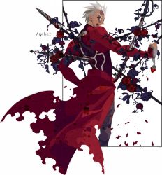 Rule 34 | 1boy, archer (fate), blood, blood in mouth, fate/stay night, fate (series), flower, impaled, kuroihato, male focus, polearm, rose, solo, spear, sword, transparent background, weapon, white hair