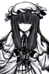 Rule 34 | 1girl, blunt bangs, bow, closed mouth, crescent, crescent hat ornament, dress, expressionless, female focus, greyscale, hair bow, hat, hat ornament, kaguyahime, long hair, looking at viewer, low-tied long hair, mob cap, monochrome, multiple hair bows, patchouli knowledge, simple background, solo, touhou, white background