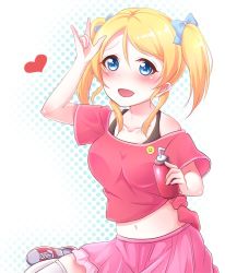 Rule 34 | 1girl, :d, alternate costume, alternate hairstyle, ayase eli, black bra, blonde hair, blouse, blue bow, blue eyes, bow, bra, collarbone, cosplay, hair bow, heart, holding, long hair, love live!, love live! school idol project, midriff, navel, off shoulder, open mouth, pink shirt, pipette (artist), pleated skirt, red shirt, shiny skin, shirt, shoes, short sleeves, sitting, skirt, smile, sneakers, solo, stomach, thighhighs, tied shirt, twintails, underwear, white background, white thighhighs, yazawa nico, yazawa nico (cosplay), zettai ryouiki