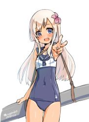 Rule 34 | 1girl, blonde hair, blue eyes, blue one-piece swimsuit, covered navel, cowboy shot, crop top, dated, flower, hair flower, hair ornament, kangoku kou, kantai collection, looking back, one-piece swimsuit, one-piece tan, open mouth, ro-500 (kancolle), sailor collar, school swimsuit, simple background, smile, solo, swimsuit, swimsuit under clothes, tan, tanline, torpedo, twitter username, v, white background