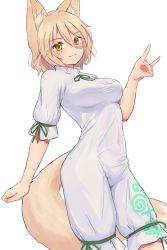 Rule 34 | 1girl, animal ears, blonde hair, blush, breasts, closed mouth, forneus 0, fox ears, fox tail, green neckwear, hair between eyes, hand up, highres, jumpsuit, kudamaki tsukasa, looking at viewer, medium breasts, short hair, simple background, smile, solo, tail, touhou, unconnected marketeers, white background, white jumpsuit, yellow eyes