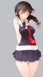 Rule 34 | 10s, 1girl, :d, ^ ^, arms behind back, bare shoulders, black serafuku, black skirt, blush, braid, breasts, closed eyes, collarbone, cowboy shot, hair flaps, hair ornament, hair over shoulder, hairpin, highres, kantai collection, long hair, neckerchief, necktie, open mouth, red neckerchief, sailor collar, school uniform, serafuku, shigure (kancolle), shigure kai ni (kancolle), simple background, single braid, skirt, sleeveless, smile, solo, standing, tebi (tbd11), thigh gap, thighs, translation request, white background, wide hips