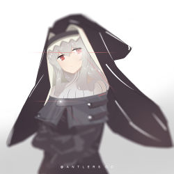Rule 34 | 1girl, absurdres, antlers go, arknights, artist name, bad id, bad pixiv id, black dress, closed mouth, commentary request, crossed arms, dress, grey hair, habit, hair between eyes, highres, long hair, long sleeves, nun, off-shoulder dress, off shoulder, red eyes, ribbed sweater, smile, solo, specter (arknights), sweater, upper body, white sweater