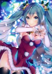 Rule 34 | 1girl, absurdres, aqua eyes, aqua hair, bell, black thighhighs, breasts, christmas, drill hair, earmuffs, elbow gloves, gloves, hair bell, hair ornament, hatsune miku, highres, holly hair ornament, huge filesize, long hair, looking at viewer, medium breasts, pom pom (clothes), sack, santa costume, scan, shiomizu (swat), simple background, smile, solo, thighhighs, twin drills, twintails, very long hair, vocaloid, white gloves