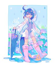 Rule 34 | 1girl, :d, ahoge, artist logo, artist name, blue hair, blue one-piece swimsuit, boots, dragon tail, floral background, frog, highres, holding, holding umbrella, multicolored hair, one-piece swimsuit, open mouth, original, rain, rubber boots, smile, standing, standing on one leg, swimsuit, tail, transparent raincoat, uenomigi, umbrella, water drop