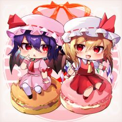 Rule 34 | 2girls, :d, :o, ascot, bat wings, blonde hair, blush, brooch, chibi, crystal, eyebrows hidden by hair, eyes visible through hair, fang, finger to face, flandre scarlet, food, full body, hair between eyes, hat, highres, index finger raised, jewelry, looking at another, looking to the side, macaron, mini person, minigirl, mob cap, multiple girls, open mouth, pantyhose, pink shirt, pink skirt, pointy ears, purple hair, red ascot, red eyes, red skirt, red vest, remilia scarlet, sakuhara kaka, shirt, siblings, simple background, sisters, skin fang, skirt, skirt set, smile, touhou, vest, white background, white pantyhose, wings, wrist cuffs, yellow ascot
