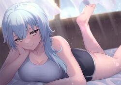 Rule 34 | 1girl, ass, bare arms, bare shoulders, barefoot, black shorts, blue hair, breasts, brown eyes, cleavage, commentary request, eula (genshin impact), feet, feet up, foot out of frame, genshin impact, grey tank top, hand up, highres, indoors, kirima (user danf8787), large breasts, long hair, looking at viewer, lying, on stomach, short shorts, shorts, smile, soles, solo, tank top, thighs, toes