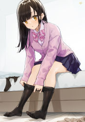 Rule 34 | 1girl, :o, absurdres, black hair, black pantyhose, blue skirt, blush, bow, brown eyes, cardigan, clothes pull, collared shirt, commentary request, diagonal stripes, dress shirt, full body, highres, leaning forward, long hair, looking at viewer, no shoes, on bed, original, pantyhose, pantyhose pull, parted lips, pillow, pink bow, pink cardigan, pleated skirt, pulled by self, school uniform, shirt, signature, sitting, skirt, solo, striped, striped bow, takenoko no you, white shirt, wooden floor