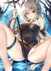 Rule 34 | 1girl, arknights, bare shoulders, belt, blonde hair, breasts, groin, hair between eyes, highres, holding, horns, jewelry, large breasts, leotard, long hair, looking at viewer, official alternate costume, parted lips, pointy ears, ponytail, red eyes, shining (arknights), shining (silent night) (arknights), sidelocks, sitting, solo, spread legs, thigh strap, thighs, very long hair, wsman