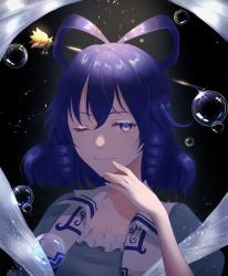 Rule 34 | 1girl, blue dress, blue eyes, blue hair, blurry, bokeh, breasts, bubble, chromatic aberration, cleavage, closed mouth, collarbone, commentary request, depth of field, dress, drill hair, drill sidelocks, glint, hair ornament, hair rings, hair stick, hand up, highres, kaku seiga, lens flare, light particles, light smile, looking at viewer, medium breasts, medium hair, one eye closed, open clothes, open vest, puffy short sleeves, puffy sleeves, short sleeves, sidelocks, solo, touhou, twin drills, umeko 81, upper body, vest, white vest