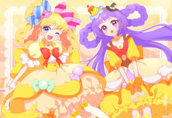 Rule 34 | 2girls, :o, ;d, absurdres, asahina mirai, back bow, black headwear, blonde hair, blush, bow, braid, braided hair rings, brooch, bubble skirt, buttons, cake hair ornament, candy hair ornament, chaka (chaka3o3), choker, cowboy shot, cure magical, cure magical (topaz style), cure miracle, cure miracle (topaz style), dress, earrings, food-themed clothes, food-themed hair ornament, food-themed ornament, frilled dress, frills, gradient background, hair ornament, hair rings, hairband, hat, heart, heart button, heart choker, highres, huge bow, izayoi liko, jewelry, lace background, long hair, looking at viewer, magical girl, mahou girls precure!, medium hair, mini hat, mini witch hat, multiple girls, one eye closed, open mouth, orange background, orange bow, orange hairband, pink headwear, precure, puffy sleeves, purple eyes, purple hair, red bow, skirt, smile, star (symbol), thigh strap, thighhighs, topaz style, twin braids, white legwear, witch hat, wrist cuffs, yellow background, yellow bow, yellow choker, yellow dress, yellow hairband, yellow theme