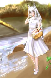 Rule 34 | 1girl, absurdres, alternate costume, animal ears, artist name, azur lane, basket, blue eyes, blurry, blurry background, blush, breasts, casual, choister, closed mouth, fox ears, full body, hand in own hair, high heels, highres, holding, holding basket, jewelry, kawakaze (azur lane), long hair, looking at viewer, ring, river, shirt, short sleeves, skirt, small breasts, smile, solo, standing, white footwear, white hair, white shirt, white skirt