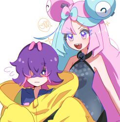 Rule 34 | 2girls, blue hair, blush, bow-shaped hair, character hair ornament, closed mouth, creatures (company), dot (pokemon), game freak, gen 1 pokemon, hair ornament, hair over eyes, highres, iono (pokemon), jacket, long hair, magnemite, multicolored hair, multiple girls, nintendo, open mouth, oversized clothes, pink hair, pokemon, pokemon (anime), pokemon horizons, purple eyes, purple hair, seiun (hoshigumo 72), sharp teeth, shirt, short hair, sleeveless, sleeves past fingers, sleeves past wrists, smile, teeth, two-tone hair, vest, yellow jacket