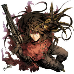 Rule 34 | 1boy, angry, black hair, clawed gauntlets, claws, cloak, final fantasy, final fantasy vii, floating hair, full body, gun, hairband, handgun, highres, hiromyan, holding, holding gun, holding weapon, long hair, looking at viewer, male focus, pants, red cloak, red eyes, revolver, simple background, solo, vincent valentine, weapon, white background