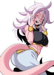 1girl absurdres android_21 ass bare_shoulders black_shirt breasts colored_skin cropped_shirt dragon_ball dragon_ball_fighterz harem_pants highres large_breasts looking_at_viewer majin_android_21 pants pink_skin pink_tail red_eyes shirt sho-n-d simple_background solo white_background white_hair white_pants