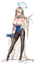 Rule 34 | 1girl, absurdly long hair, absurdres, animal ears, armpits, asuna (blue archive), asuna (bunny) (blue archive), bare shoulders, blonde hair, blue archive, blue eyes, blue leotard, bow, bowtie, breasts, brown pantyhose, cleavage, contrapposto, covered navel, detached collar, fake animal ears, full body, gloves, grin, hair over one eye, hair ribbon, hairband, unworn hairband, halo, hand up, high heels, highleg, highleg leotard, highres, large breasts, legs, leotard, long hair, long legs, looking at viewer, mole, mole on breast, official alternate costume, pantyhose, playboy bunny, pumps, rabbit ears, ribbon, shoes, skindentation, smile, solo, standing, stiletto heels, stool, strapless, strapless leotard, thighband pantyhose, thighs, very long hair, white footwear, white gloves, white hairband, yerim