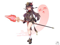Rule 34 | 1girl, absurdres, black shorts, blush, breasts, brown hair, collared shirt, dated, flower-shaped pupils, genshin impact, ghost, highres, holding, holding weapon, hu tao (genshin impact), hundun no bifang, long hair, looking at viewer, open mouth, shirt, shoes, shorts, sidelocks, simple background, small breasts, socks, solo, staff of homa (genshin impact), standing, symbol-shaped pupils, tailcoat, twintails, weapon, white background