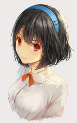 Rule 34 | &gt;:), 1girl, bad id, bad pixiv id, black hair, blue hairband, blunt bangs, blush, breasts, closed mouth, copyright request, dress shirt, grey background, hairband, lips, medium breasts, multicolored hair, okuma mai, portrait, red eyes, shirt, simple background, sketch, smile, solo, streaked hair, sweat, tareme, upper body, v-shaped eyebrows, white shirt