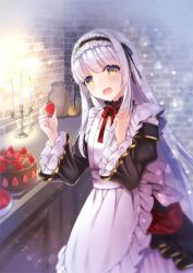 Rule 34 | 1girl, :d, black ribbon, blush, brown eyes, cake, candle, candlestand, food, fruit, hand up, hi-na1, holding, holding food, holding fruit, indoors, lily (sennen sensou aigis), long hair, looking at viewer, maid, open mouth, pot, ribbon, sennen sensou aigis, sidelocks, smile, solo, standing, strawberry, very long hair