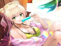 Rule 34 | 1girl, bare shoulders, beach chair, bikini, blonde hair, breasts, cleavage, double bun, food, food on body, frilled bikini, frills, from above, funi mu9, gradient hair, green eyes, hair bun, halterneck, halterneck, highres, hololive, jewelry, large breasts, lens flare, long hair, looking at viewer, lying, melting, momosuzu nene, multicolored hair, necklace, on back, open clothes, open mouth, open shirt, pink hair, popsicle, swimsuit, two side up, virtual youtuber