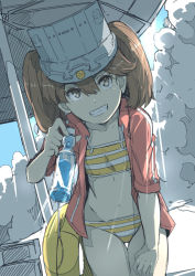 Rule 34 | 10s, 1girl, alternate costume, backlighting, bad id, bad tumblr id, beach umbrella, bikini, bottle, brown eyes, brown hair, cloud, collarbone, cowboy shot, day, drawstring, flat color, grin, hair between eyes, hand on own thigh, holding, holding bottle, innertube, jacket, kantai collection, leaning forward, long hair, looking at viewer, navel, ninimo nimo, open clothes, open jacket, outdoors, partially colored, red jacket, ryuujou (kancolle), short sleeves, smile, solo, standing, stomach, striped bikini, striped clothes, sun, sunlight, swim ring, swimsuit, tareme, teeth, thigh gap, twintails, umbrella, visor cap