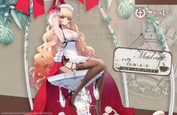 Rule 34 | 1girl, armpits, arms up, azur lane, black footwear, blonde hair, bound, bound wrists, breasts, brown thighhighs, commentary request, curly hair, elbow gloves, garter straps, gloves, green eyes, high heels, howe (azur lane), howe (pastry princess) (azur lane), jewelry, large breasts, long hair, looking at viewer, maid, maid headdress, official alternate costume, official art, promotional art, red gloves, restrained, sitting, snow is, thighhighs