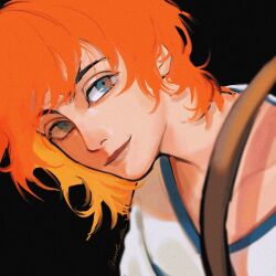 Rule 34 | 1girl, black background, blue eyes, closed mouth, collarbone, highres, medium hair, nami (one piece), official alternate eye color, one piece, one piece (live action), orange hair, portrait, signature, simple background, smile, solo, v-neck, vamos mk