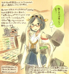 Rule 34 | 10s, 2girls, adjusting eyewear, admiral (kancolle), bare shoulders, black hair, blonde hair, breasts, colored pencil (medium), dark skin, dark-skinned female, dated, detached sleeves, glasses, hairband, japanese clothes, kantai collection, kirisawa juuzou, kirishima (kancolle), long hair, looking at viewer, medium breasts, multiple girls, musashi (kancolle), nontraditional miko, numbered, personification, pleated skirt, sarashi, short hair, skirt, traditional media, translation request, twintails, twitter username