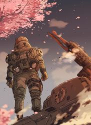Rule 34 | 1boy, animification, atlas (titanfall), backpack, bag, cherry blossoms, clenched hands, cloud, from behind, gun, mecha, on mecha, robot, science fiction, sky, solo, standing, tajima (minagawa), titanfall, titanfall (series), weapon