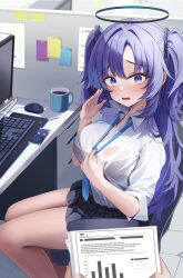 Rule 34 | 1girl, 1other, absurdres, black skirt, blue archive, blue necktie, blush, breasts, chair, coffee, coffee mug, collared shirt, cup, halo, highres, hwa sawa, indoors, keyboard (computer), large breasts, long hair, mechanical halo, monitor, mouse (computer), mug, necktie, open mouth, paper, pleated skirt, pov, pov hands, purple eyes, purple hair, shirt, sitting, skirt, solo focus, two side up, wet, wet clothes, wet shirt, white shirt, yuuka (blue archive)