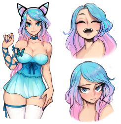 Rule 34 | 1girl, absurdres, animal ear headphones, animal ears, bare shoulders, blue eyes, blue hair, blush, breasts, bug, butterfly, choker, cleavage, closed eyes, collarbone, commentary, commission, cowboy shot, dress, english commentary, fake animal ears, fangs, gradient hair, headphones, highres, insect, large breasts, looking at viewer, matilda fiship, multicolored hair, multiple views, nail polish, open mouth, pink hair, silvervale, silvervale (2nd costume), simple background, sleeveless, strapless, strapless dress, teeth, thighhighs, tongue, two-tone hair, virtual youtuber, vshojo, white background, zettai ryouiki