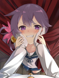 Rule 34 | 10s, 1boy, 1girl, admiral (kancolle), against wall, akebono (kancolle), annoyed, bell, blush, buttons, cheek squash, clenched teeth, collarbone, curtains, flower, from above, gloves, hair bell, hair flower, hair intakes, hair ornament, hand grab, hands on another&#039;s cheeks, hands on another&#039;s face, highres, jacket, kadokawa shoten, kantai collection, long hair, long sleeves, looking at viewer, max melon, nose blush, out of frame, petite, pov, purple eyes, purple hair, school uniform, serafuku, side ponytail, solo focus, teeth, white gloves, white jacket, wooden floor